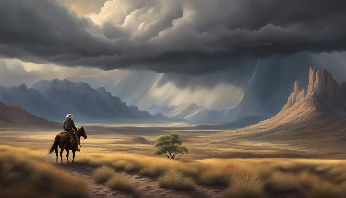 A lone cowboy rides through a rugged, untamed landscape, with mountains looming in the distance and a storm brewing overhead