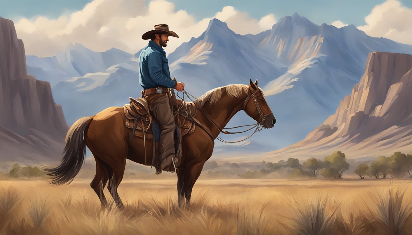 A rugged cowboy stands tall against a backdrop of majestic mountains and wide open plains, exuding strength and determination