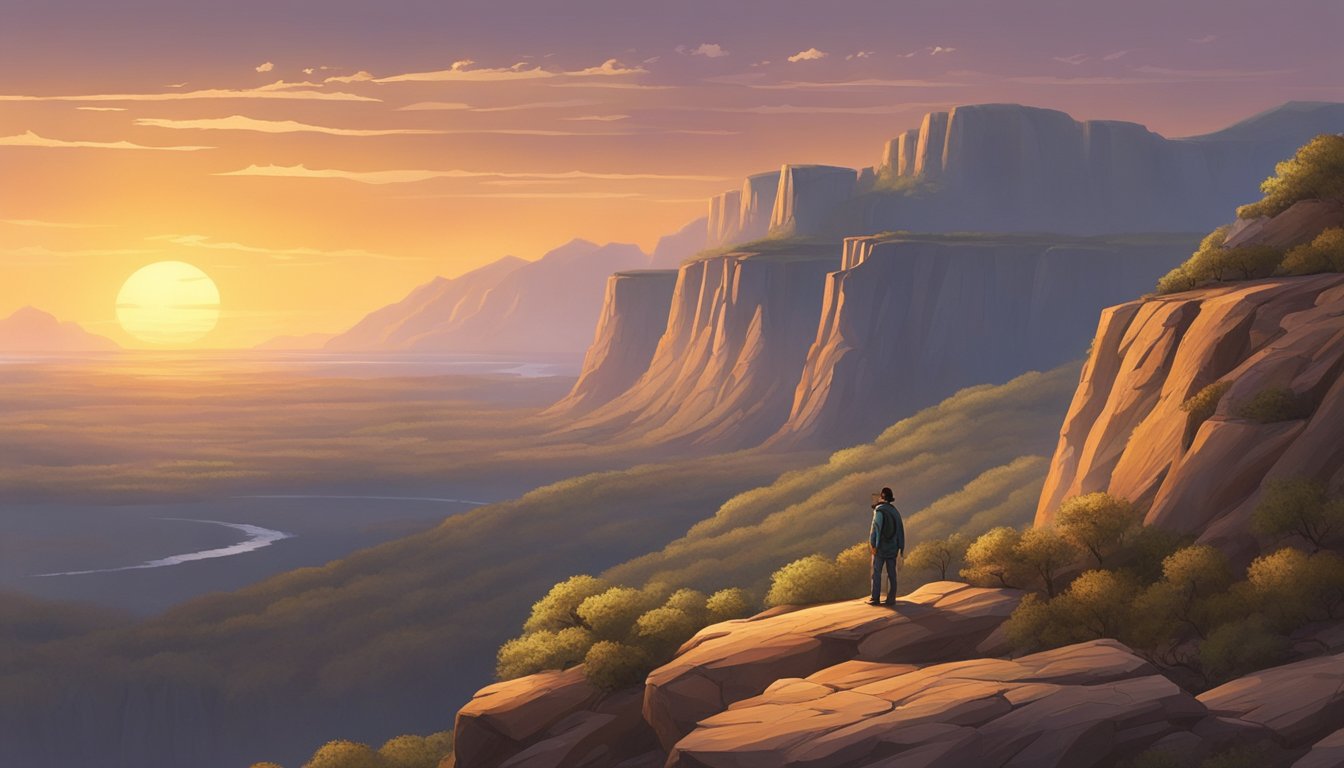 A lone figure stands atop a rugged cliff, overlooking a vast expanse of untamed wilderness. The setting sun casts a warm glow on the rugged landscape, creating a sense of both beauty and danger