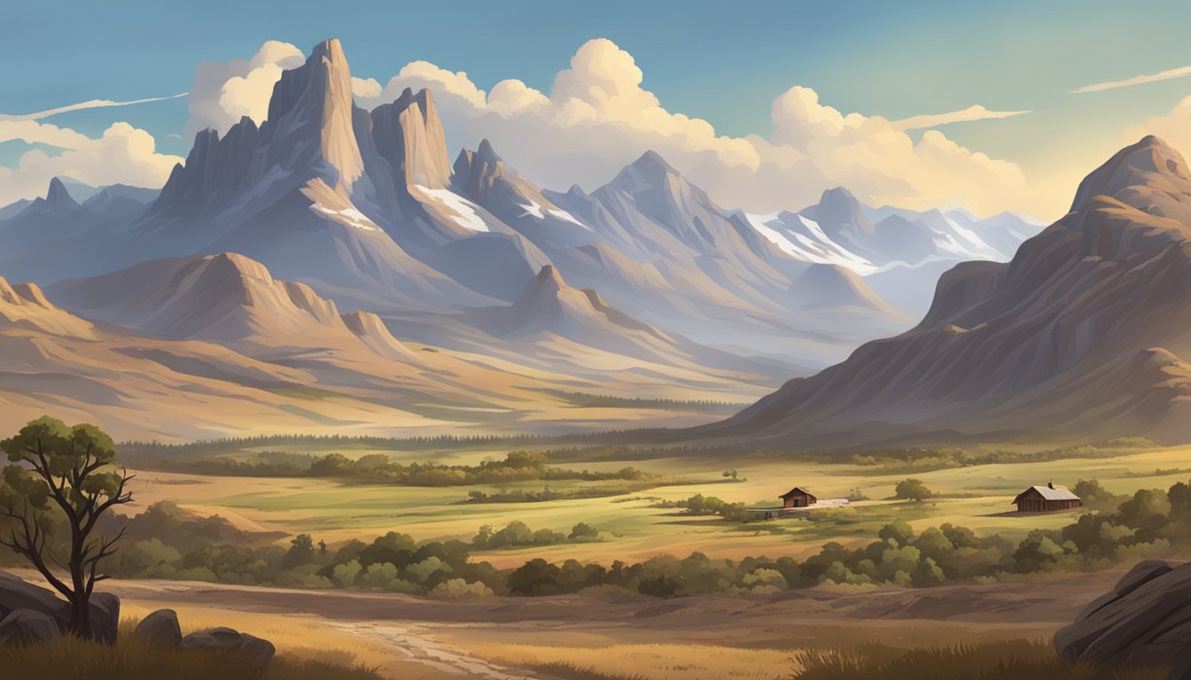 A rugged western landscape with a sprawling ranch and dramatic mountains in the background