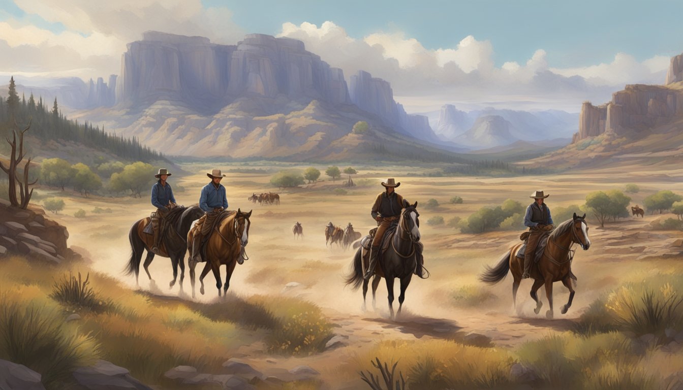 A sprawling ranch with rugged terrain, cowboys on horseback, and a sense of authority and power emanating from the main character