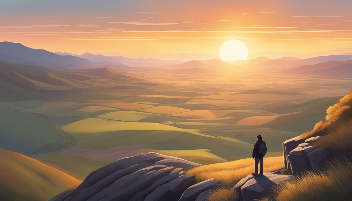 A lone figure stands atop a rugged cliff, overlooking a vast and untamed landscape. The setting sun casts a warm glow over the rolling hills and distant mountains