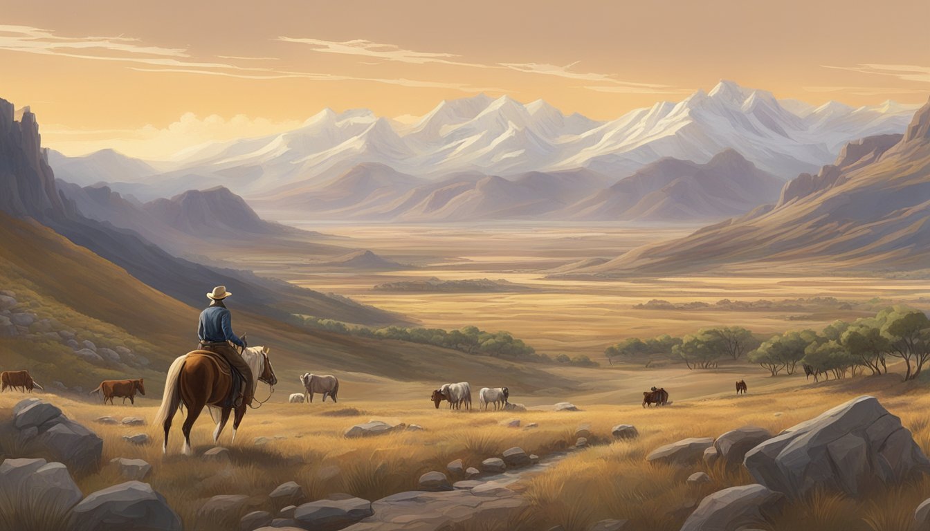 A rugged western landscape with a sprawling ranch, mountains, and cattle. A stoic figure on horseback oversees the land, exuding power and authority