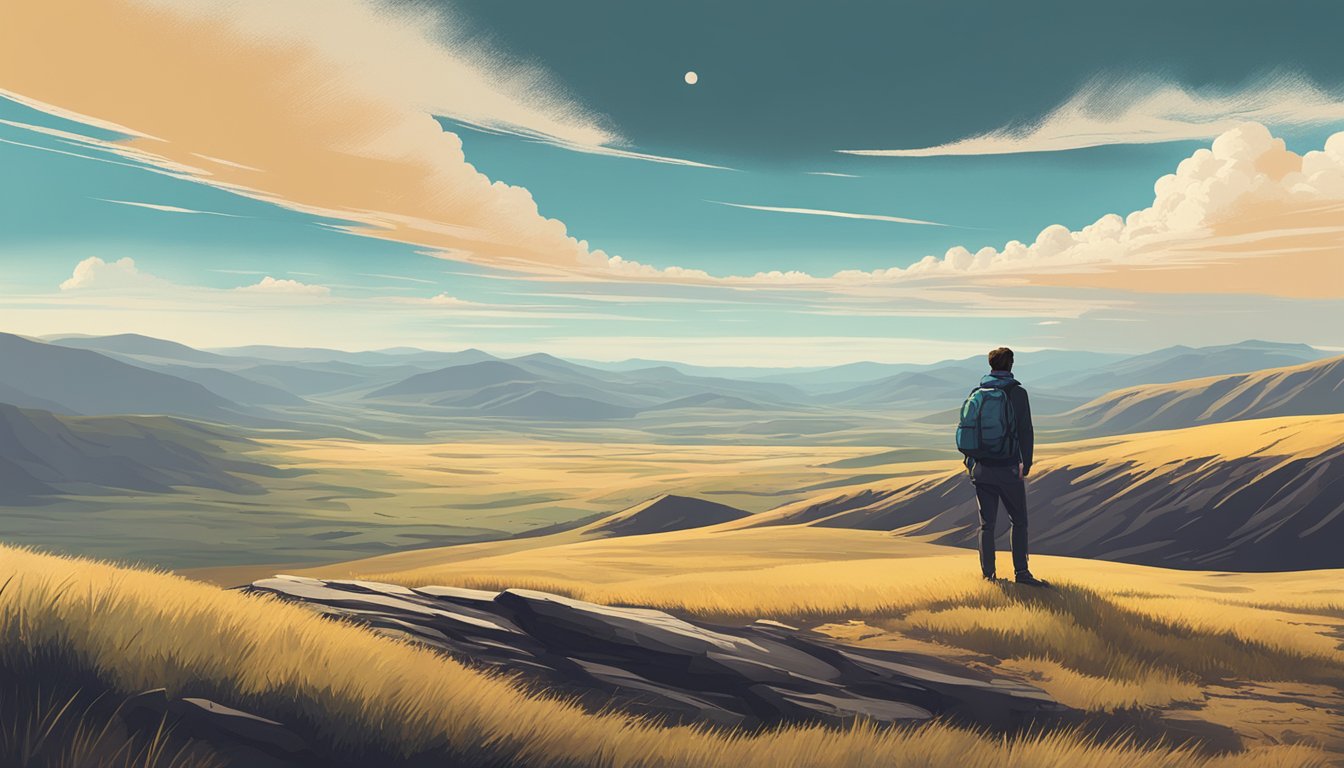 A lone figure stands tall on a rugged landscape, surrounded by rolling hills and a vast expanse of open sky