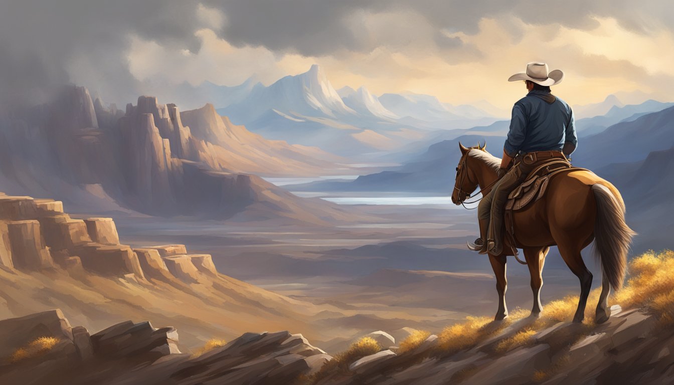 A rugged cowboy on horseback overlooks a vast, wild landscape, with a sense of power and determination