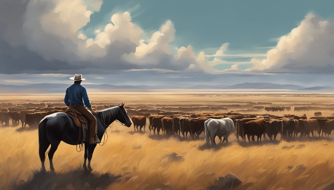 A rugged cowboy stands tall on a vast, open plain, with a herd of cattle in the distance and a dramatic sky overhead