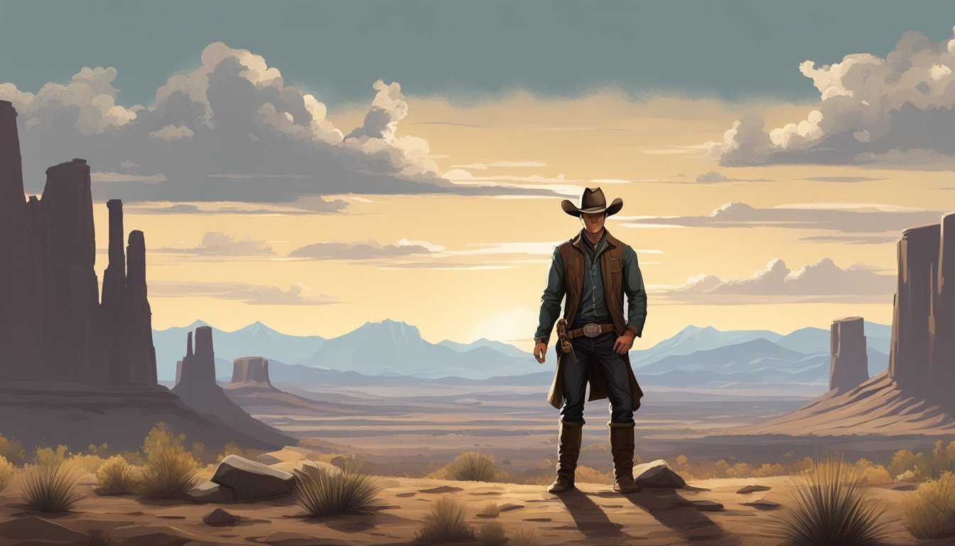 A lone cowboy stands tall against a rugged western landscape, with a steely gaze and a sense of authority