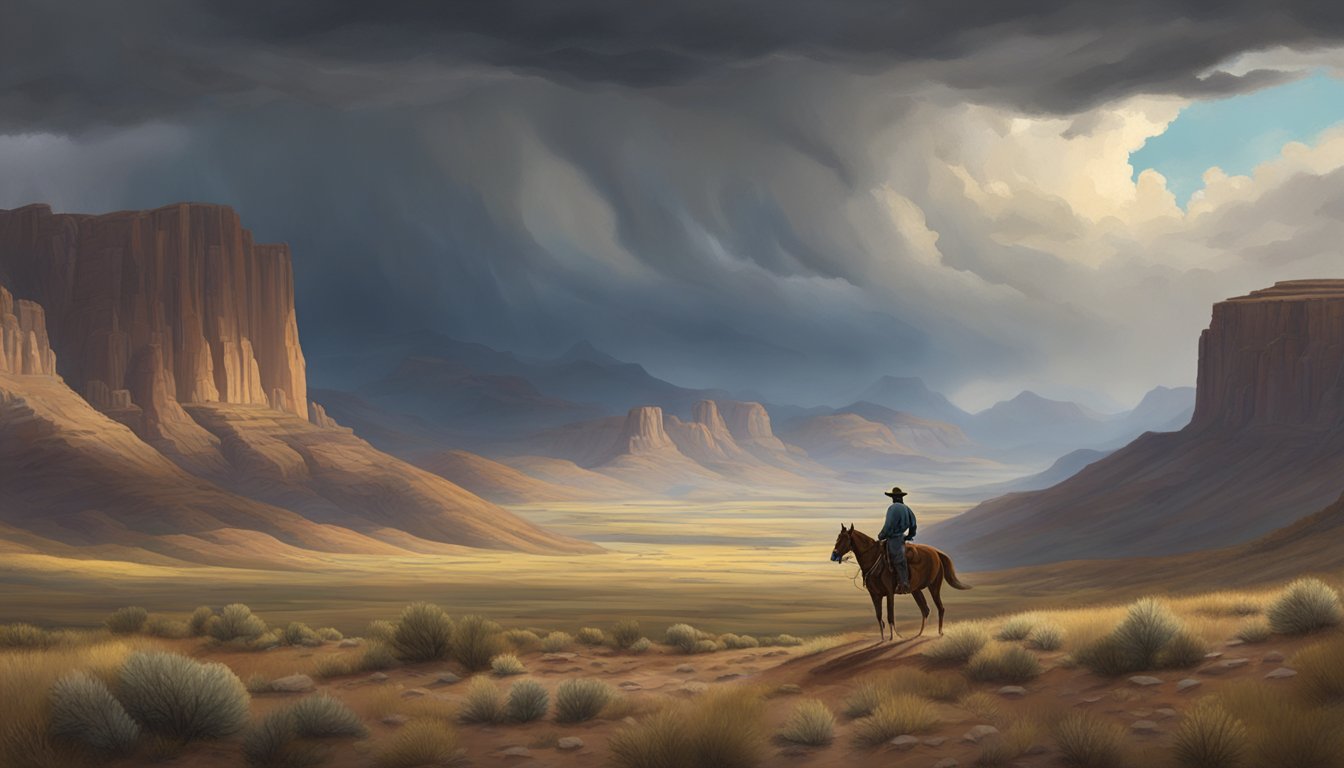 A lone figure on horseback surveys the vast, rugged landscape of the American West, with mountains in the distance and a storm brewing overhead