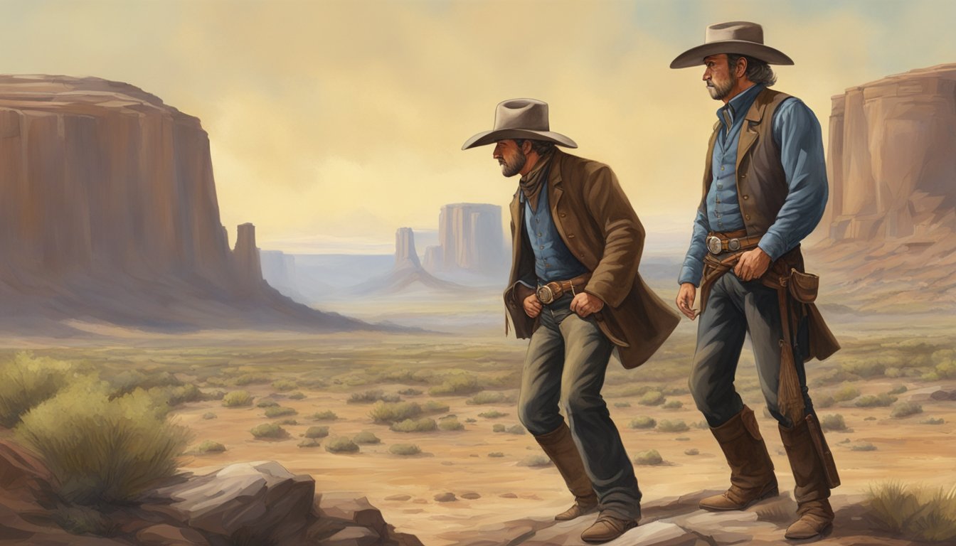 A dusty showdown between John Dutton and Joe Kidd in a rugged Western landscape, with tension and determination evident in their stances