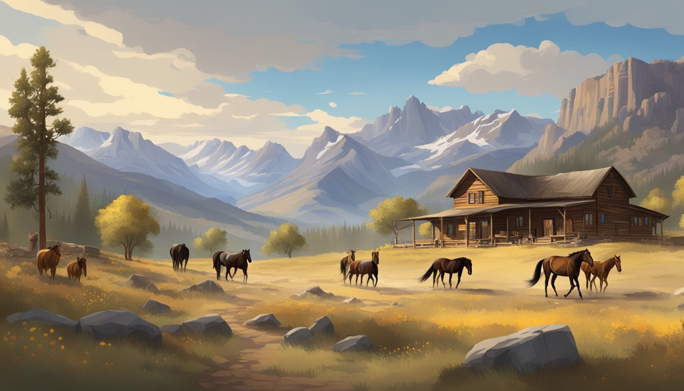 A rugged western landscape with a grand, sweeping view of the mountains, a rustic homestead, and a herd of wild horses roaming freely