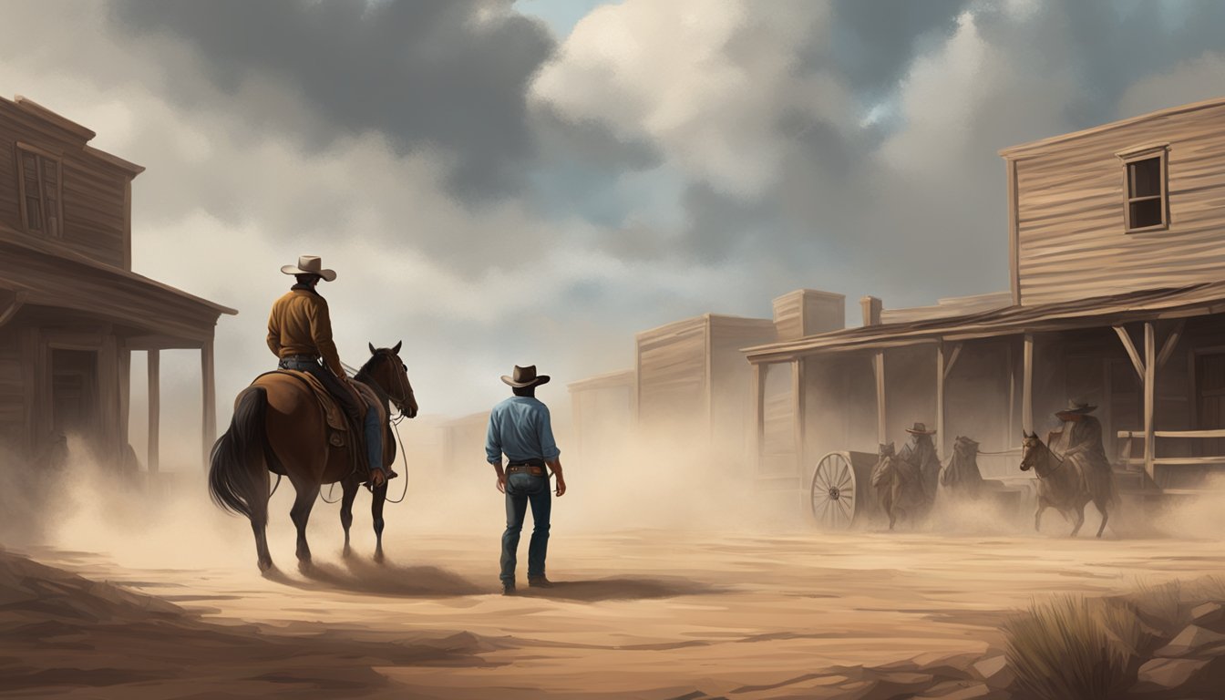 A tense standoff in a dusty western town, with a rugged cowboy facing off against a stoic rancher amidst swirling dust and ominous clouds