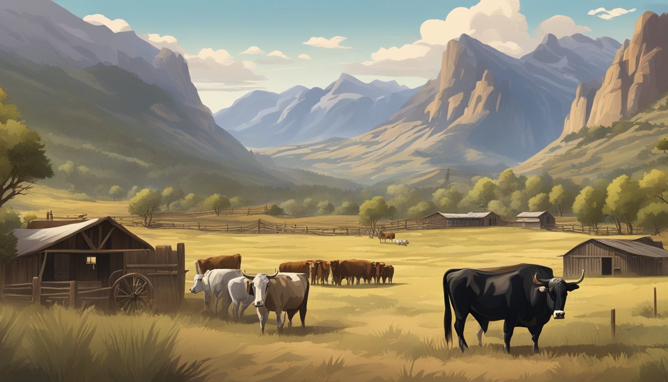 A sprawling western landscape with a dramatic mountain range in the background, a rustic ranch with grazing cattle, and a rugged outlaw hideout nestled in a canyon