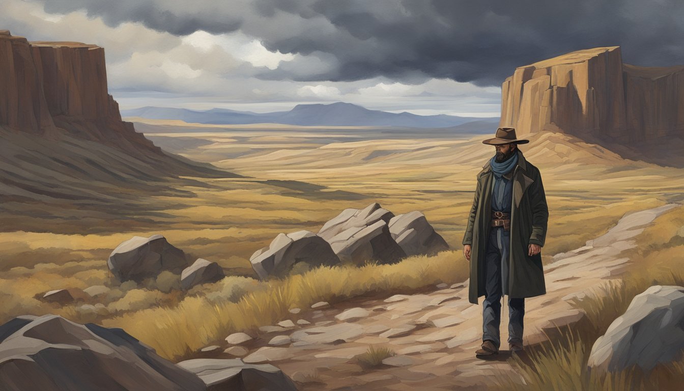 A lone figure stands in front of a rugged, western landscape, with a dramatic sky looming overhead. The figure exudes an air of mystery and danger, with a hint of a gun holster peeking out from under their coat