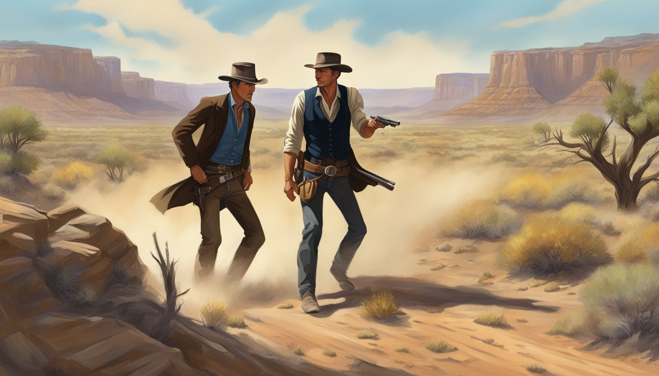 A dusty showdown at high noon between John Dutton and Butch Cassidy in the rugged, untamed landscape of the American West