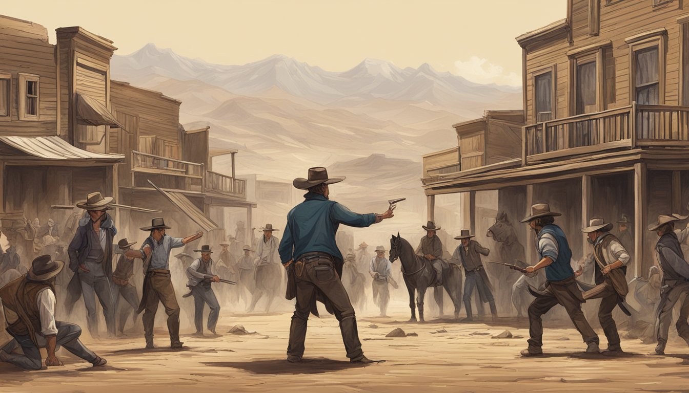 A dramatic showdown in a dusty western town, with two rugged figures facing off against each other, surrounded by onlookers and a backdrop of rugged mountains