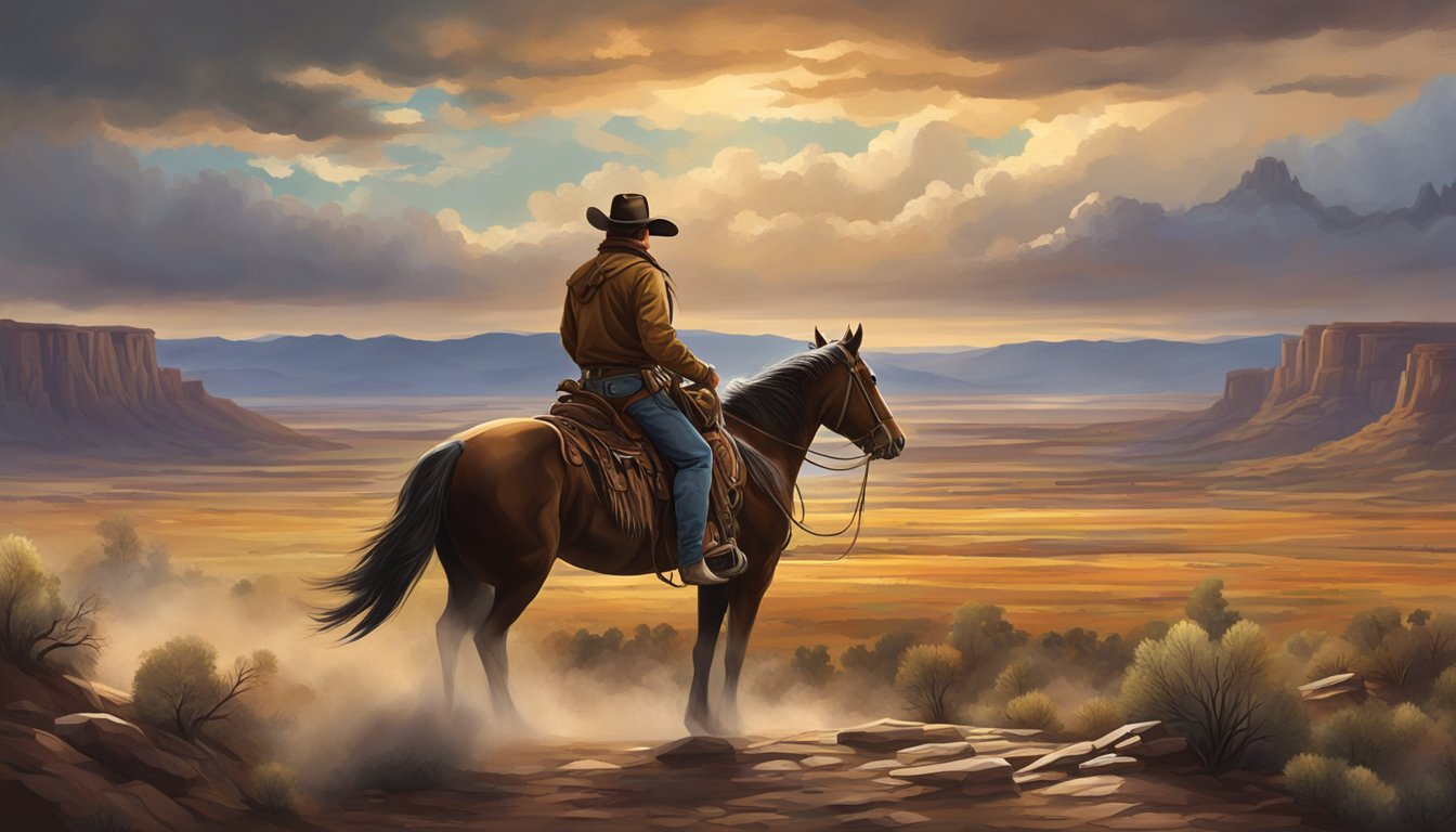 A rugged cowboy on horseback, overlooking a vast western landscape with a dramatic sky