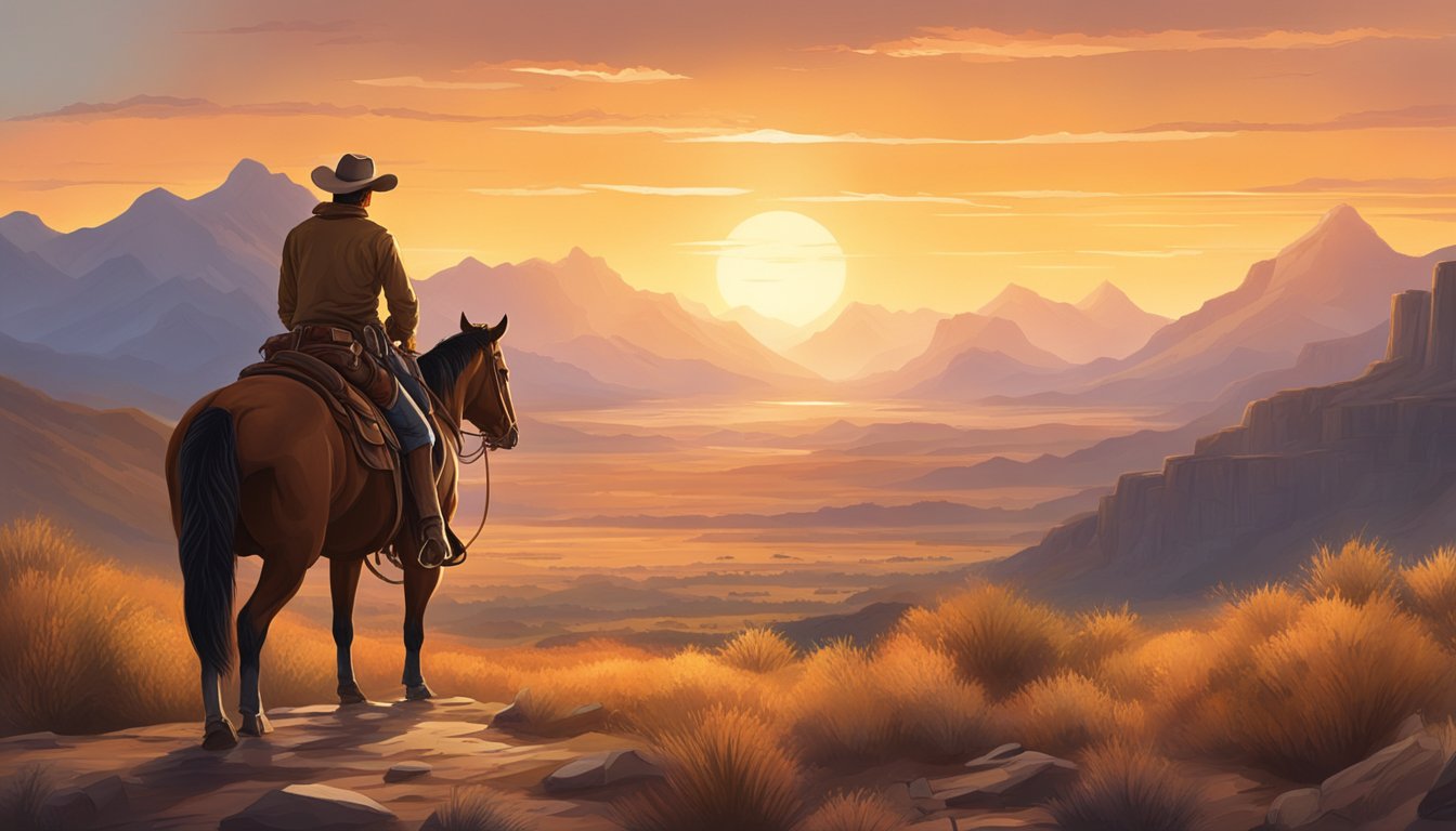 A rugged cowboy on horseback surveys a vast, untamed landscape with mountains in the distance. The sun sets behind him, casting a warm glow over the scene