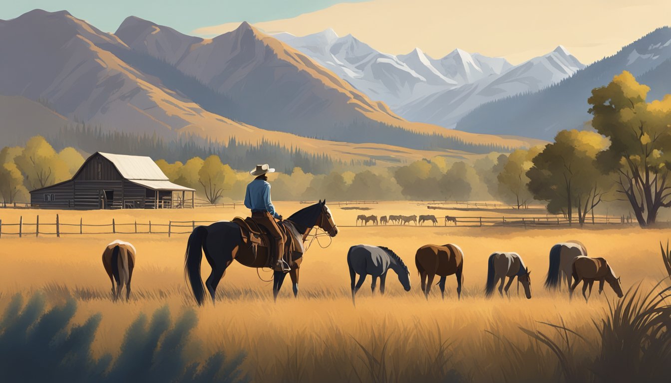 A rugged cowboy stands in front of a sprawling ranch, with mountains in the background and a herd of horses grazing nearby