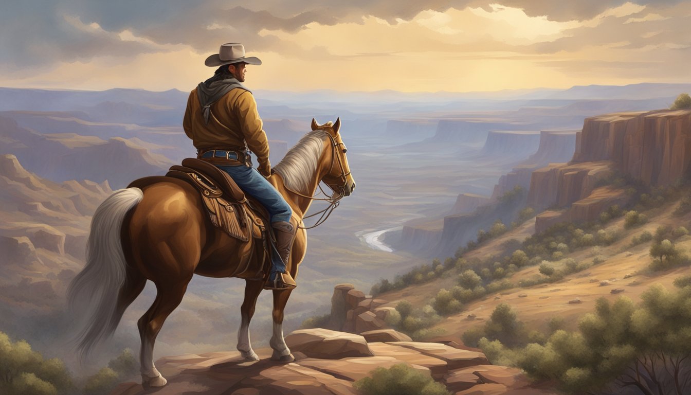 A rugged cowboy on horseback overlooks a vast, untamed landscape, exuding authority and strength