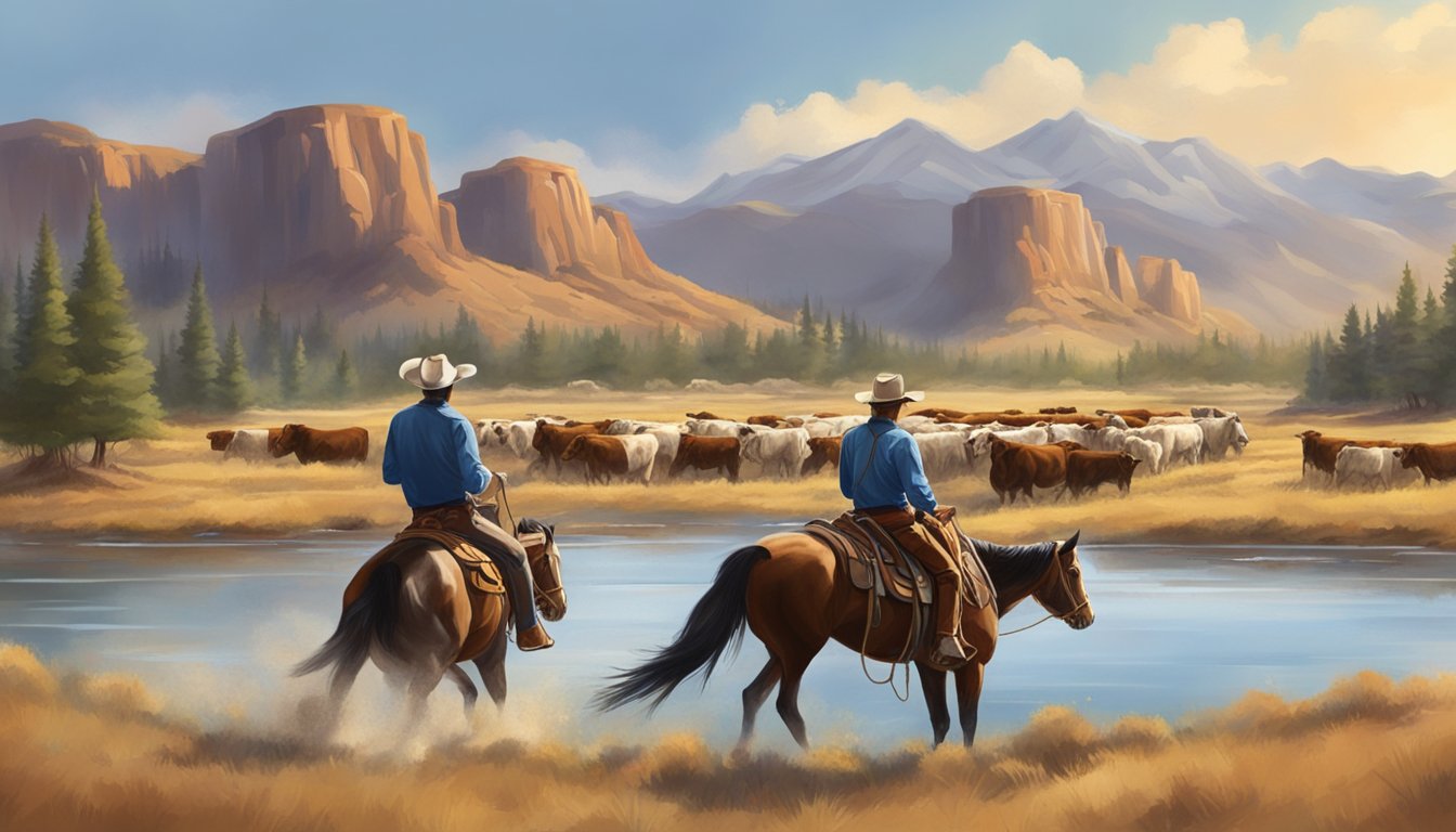 A rugged cowboy on horseback herding cattle through a picturesque western landscape