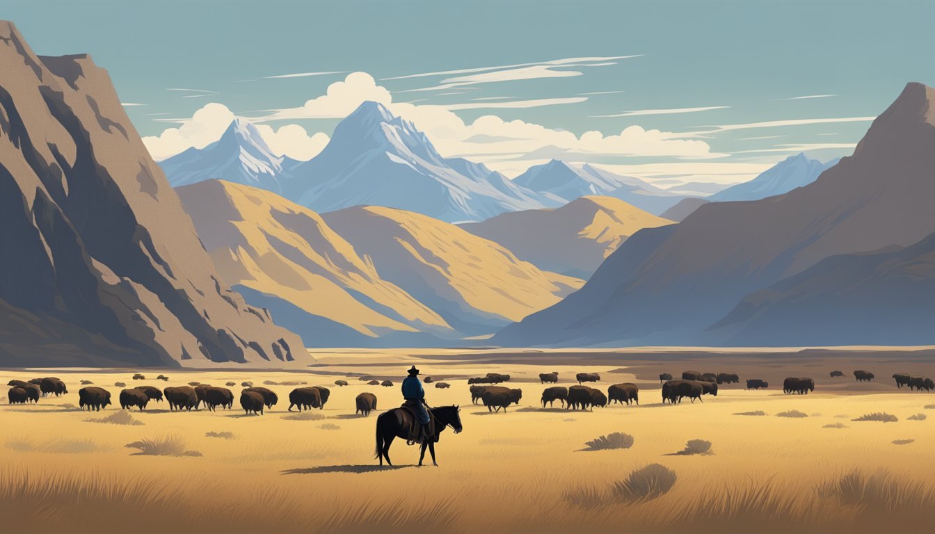 A lone figure on horseback surveys a vast expanse of rugged terrain, with mountains looming in the distance and a herd of bison grazing in the foreground