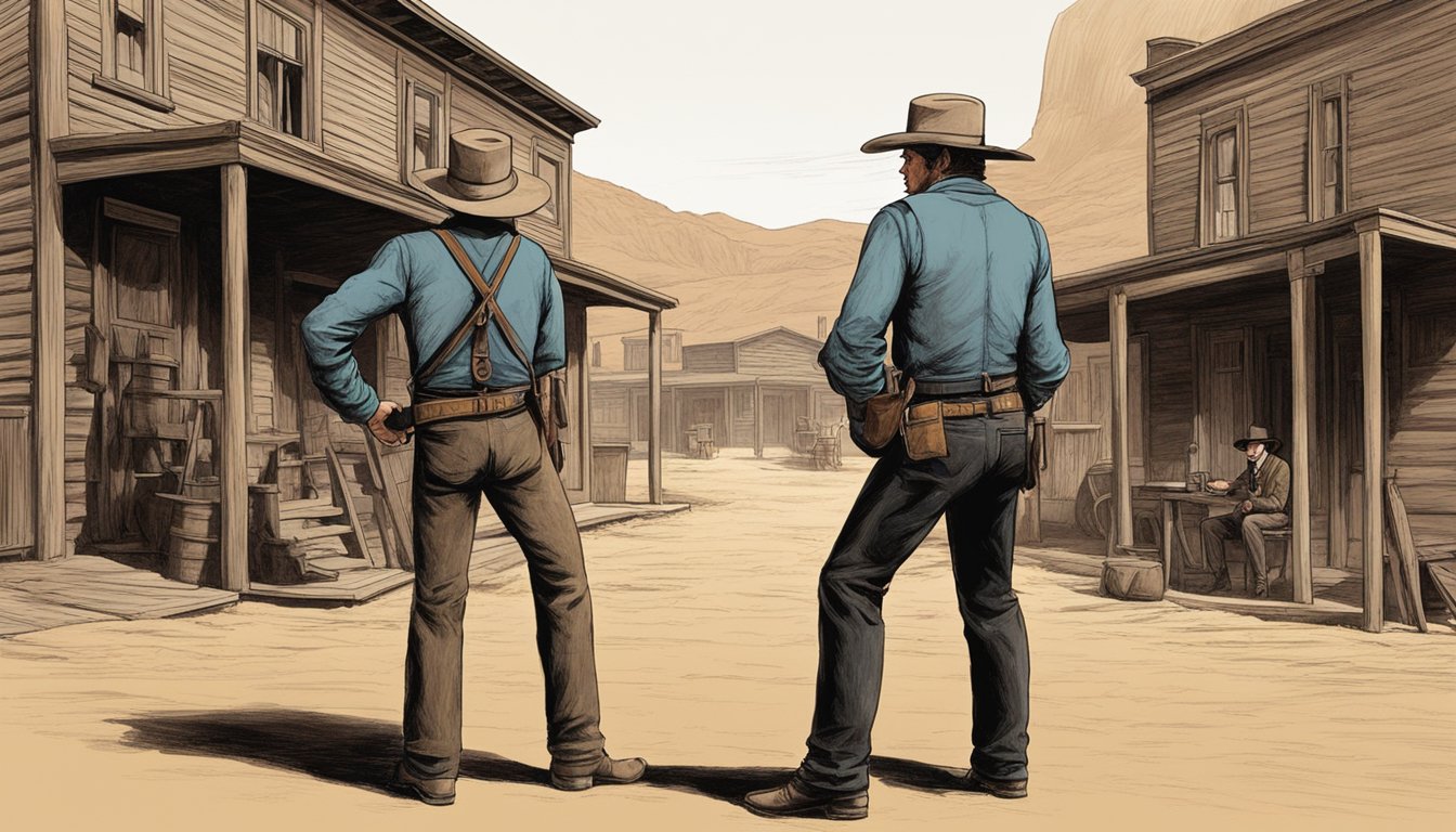 A dramatic standoff between John Dutton and Butch Cassidy in a dusty western town. The two figures stare each other down, ready for a showdown