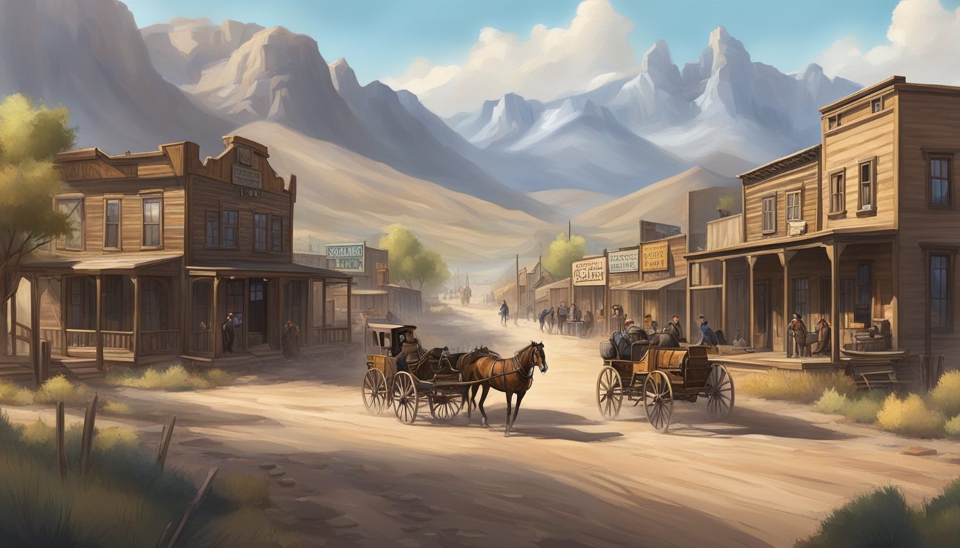 A bustling Old West town with a saloon and a dusty street, surrounded by rugged mountains and a sprawling ranch