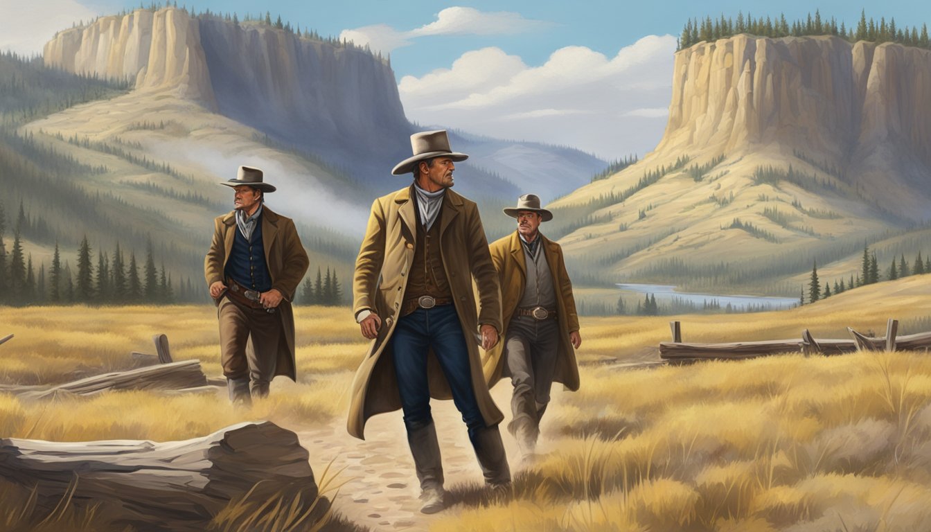 A dramatic showdown between Yellowstone's John Dutton and Butch Cassidy in a rugged western landscape