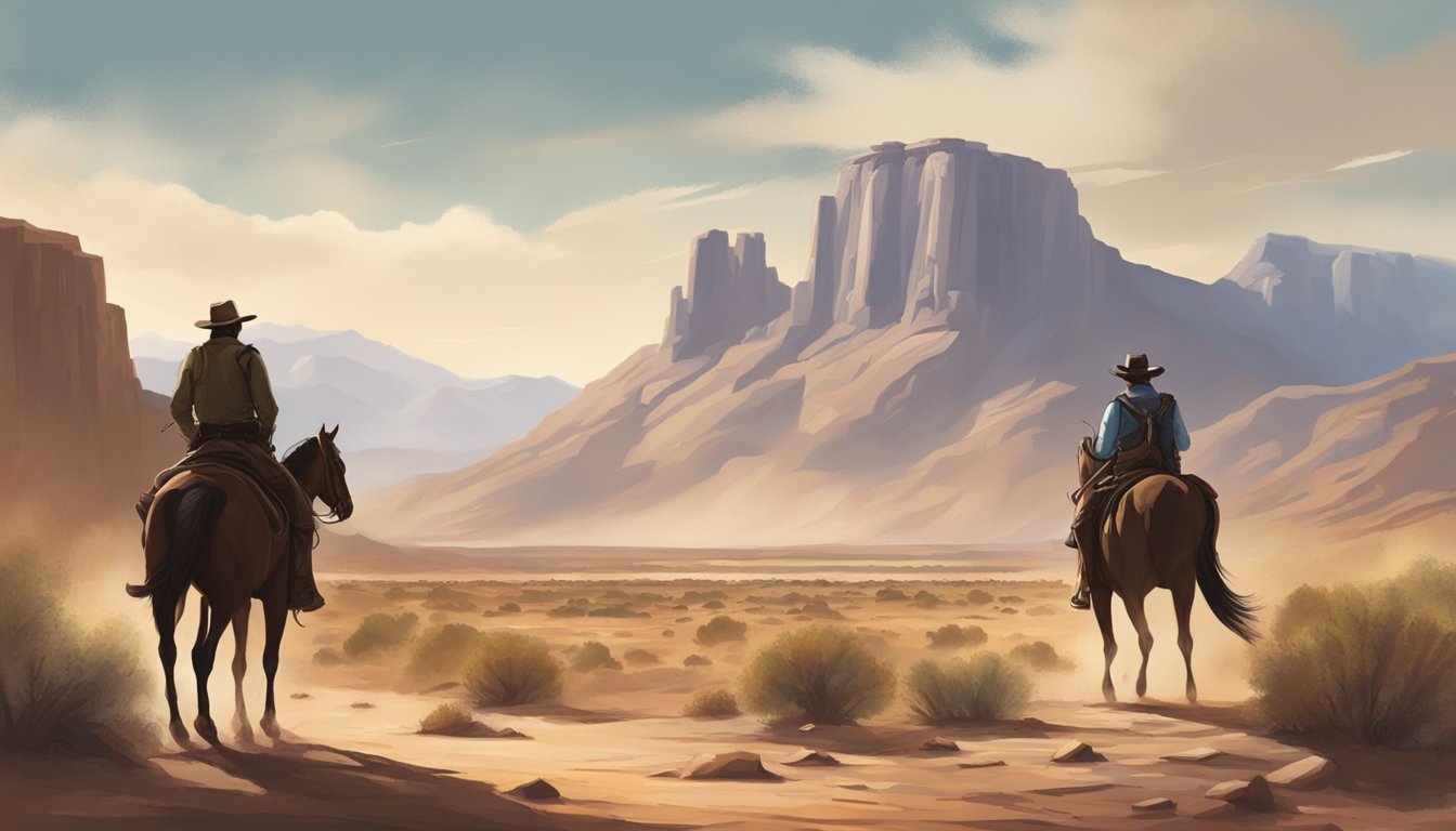 A dramatic standoff between two iconic Western landscapes, one with a rugged mountain range and the other with a dusty desert town