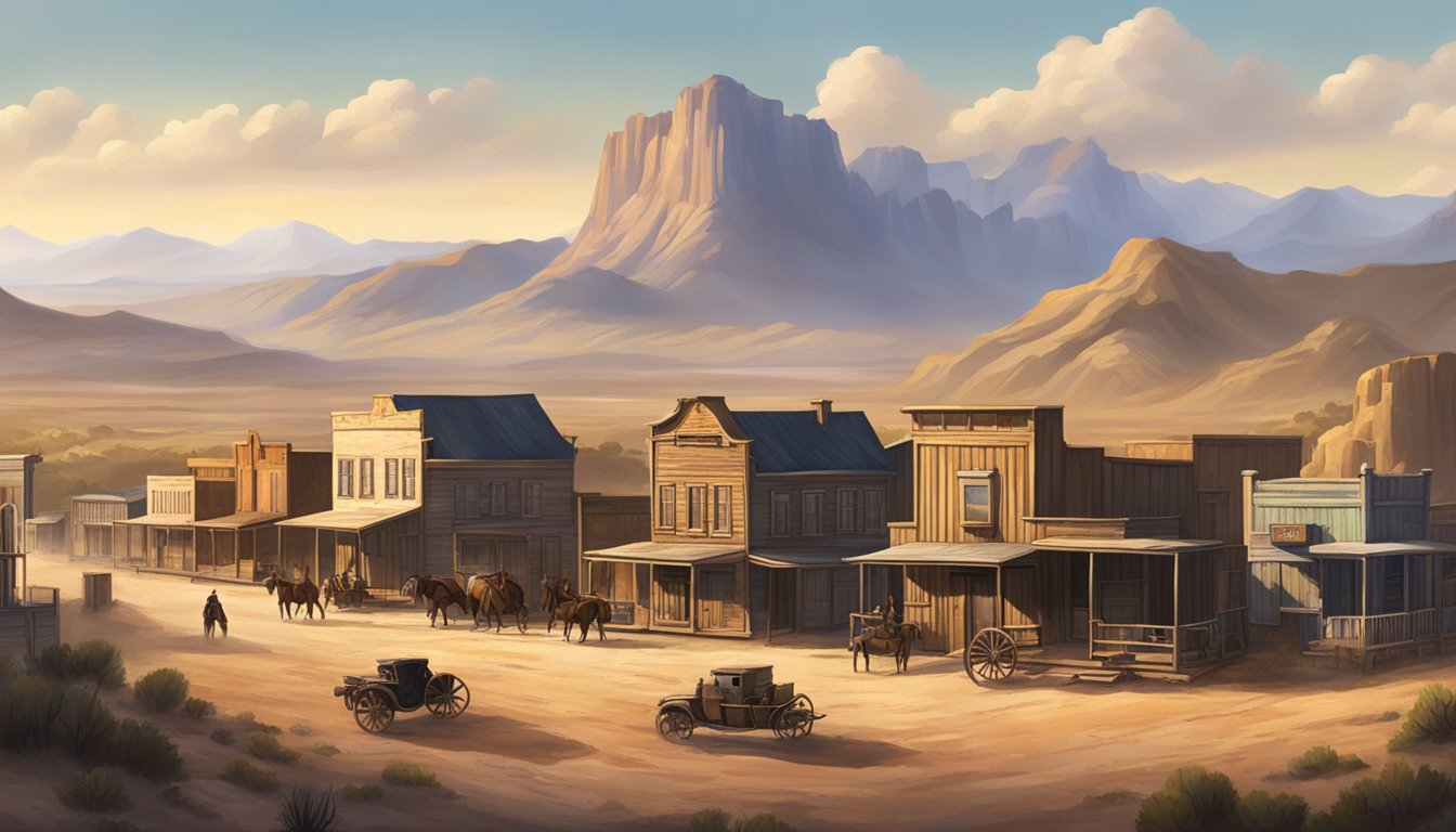 A dusty western town with a saloon and sheriff's office, surrounded by rugged mountains and open plains