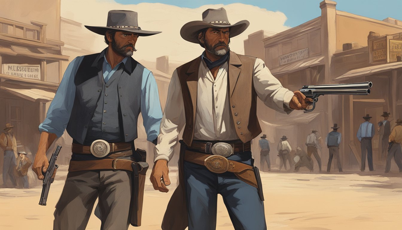 A showdown at high noon in a dusty western town. Two imposing figures face off, each with a steely gaze and a hand hovering near their holstered revolver