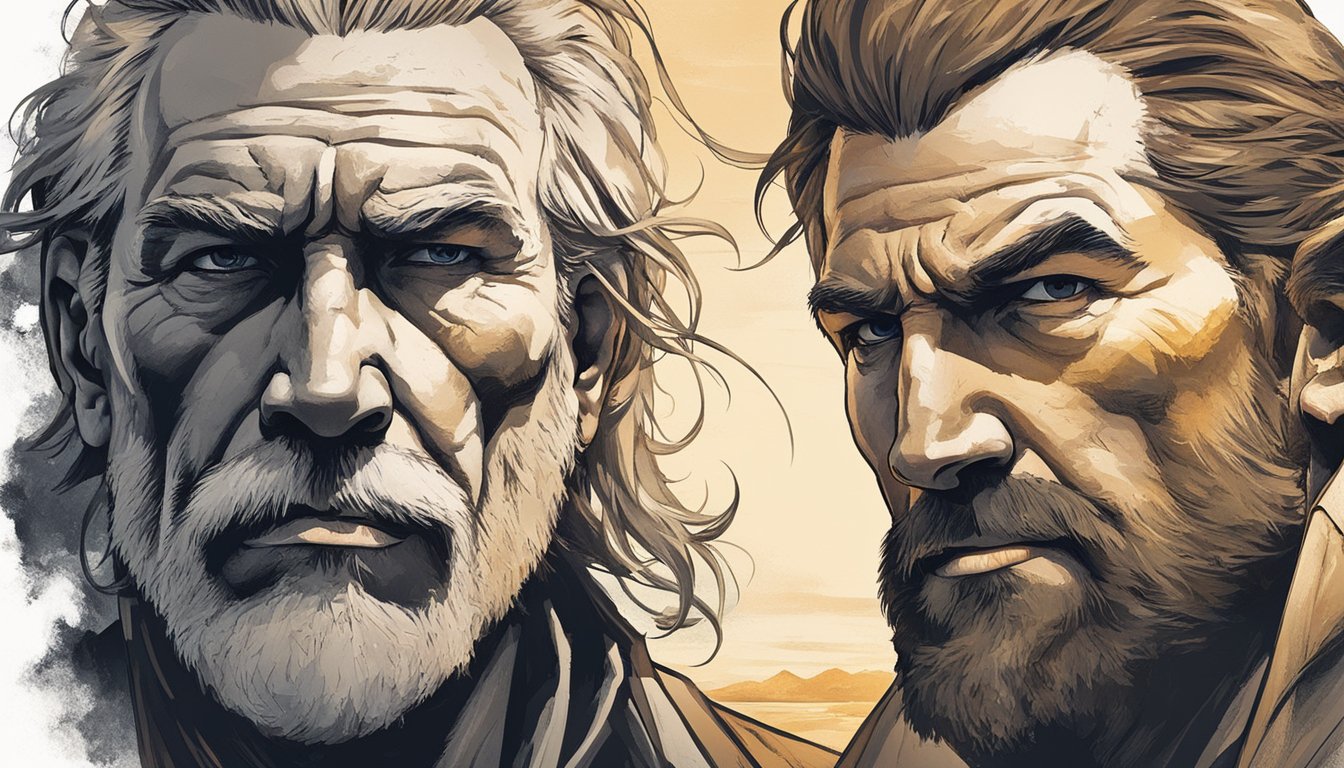 Two rugged, weathered faces stare down each other, exuding power and authority. The setting sun casts a warm glow on their determined expressions