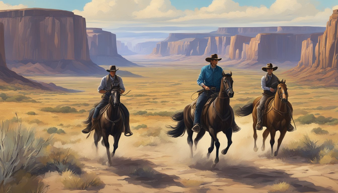 A tense standoff between two iconic Western landscapes, one representing law and order, the other a rugged frontier