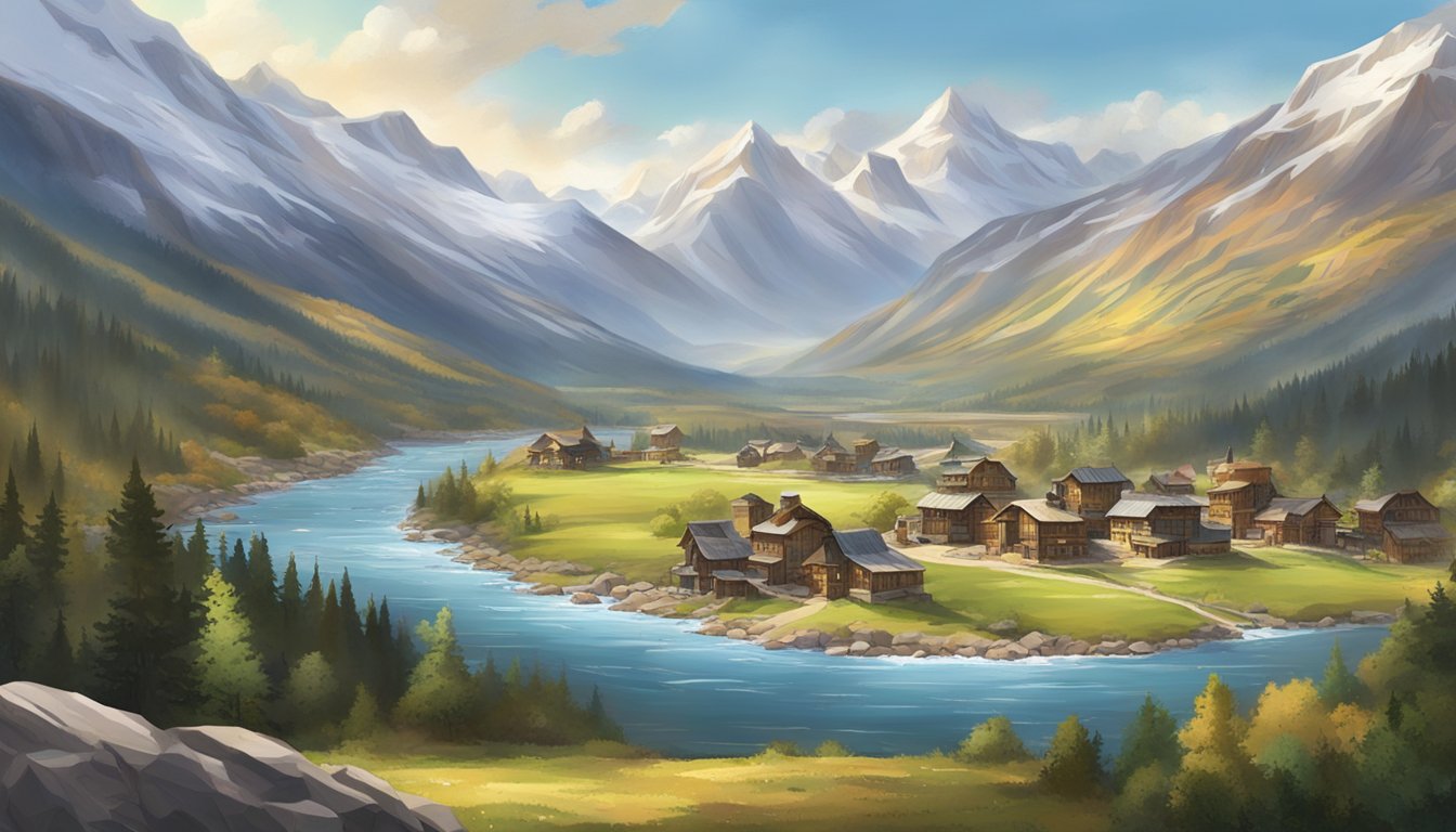 A vast, rugged landscape with snow-capped mountains in the distance, a winding river, and a small, bustling frontier town nestled in the valley