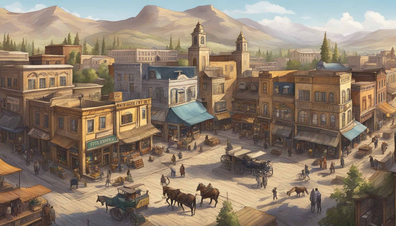 A bustling western town square with iconic buildings and a sense of rugged, untamed wilderness beyond the outskirts