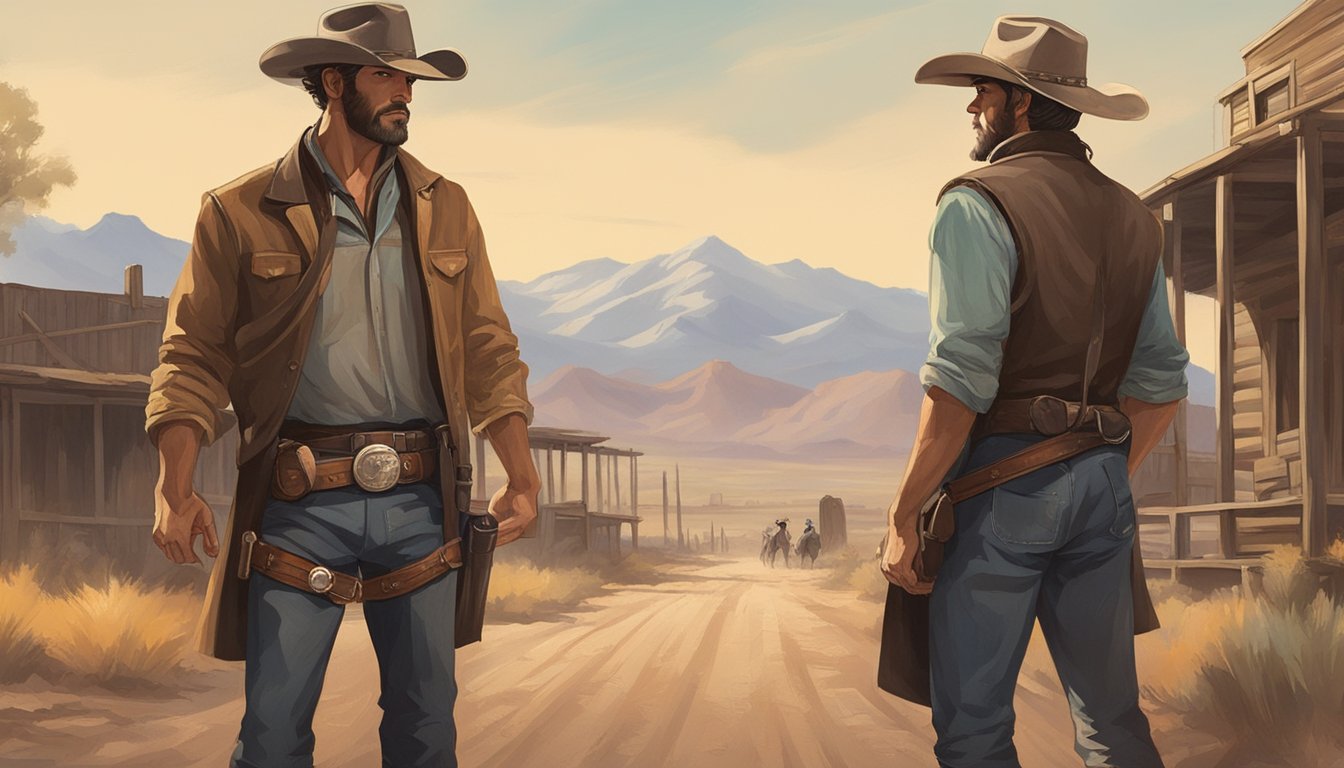 A tense standoff between two rugged cowboys on a dusty western street, with a backdrop of a sprawling ranch and rugged mountains