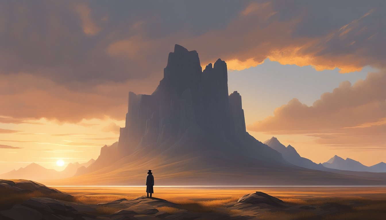 A lone figure stands tall in the rugged, untamed landscape, exuding an air of authority and power. The setting sun casts a warm glow over the scene, creating a sense of both tranquility and danger