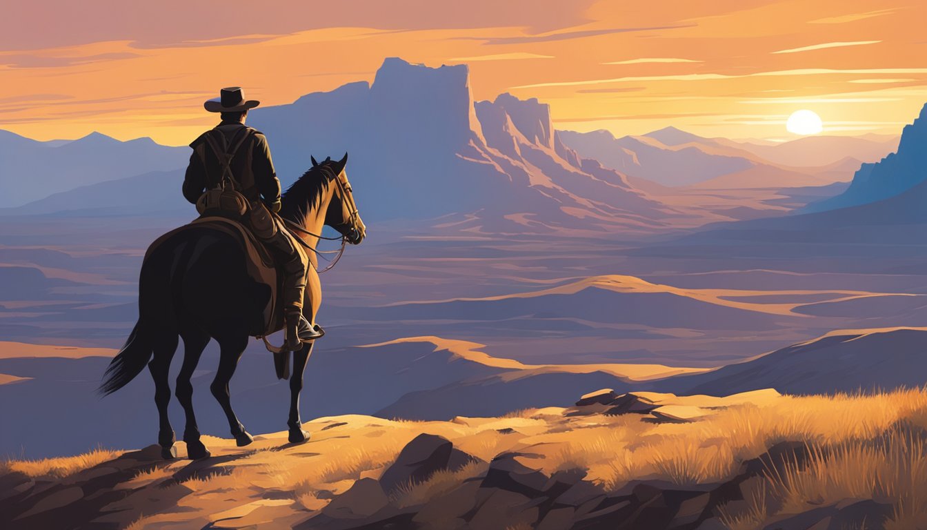 A lone figure on horseback surveys the vast, rugged landscape, with a dramatic sunset casting long shadows across the rugged terrain