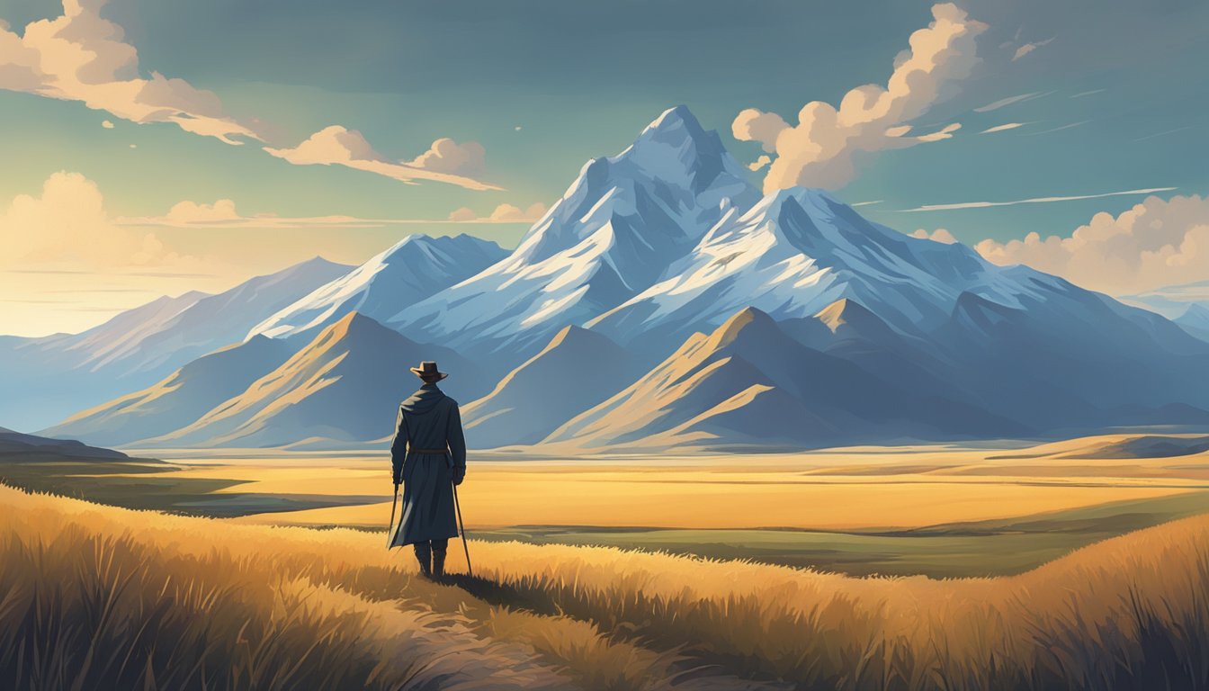 A lone figure stands tall on the open prairie, surrounded by rugged mountains and vast fields. A sense of determination and power emanates from the scene