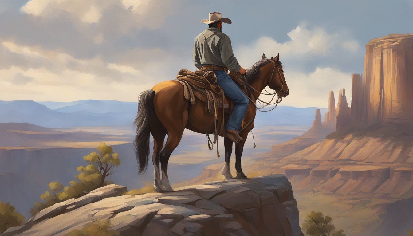 A lone cowboy stands tall on a rugged cliff, overlooking a vast, untamed landscape. His steely gaze and weathered attire exude a sense of strength and resilience