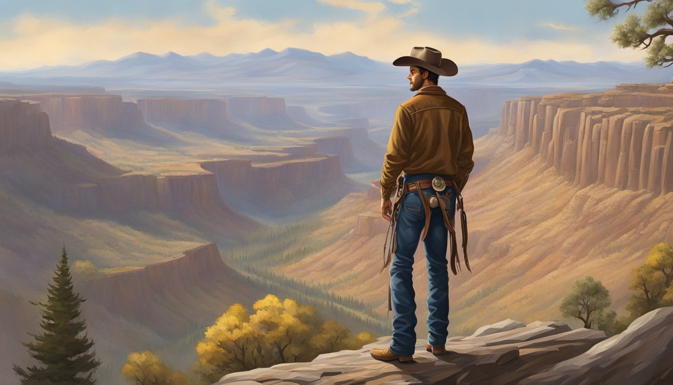 A lone cowboy stands tall on a rugged cliff, overlooking a vast and untamed wilderness. His steely gaze reflects determination and strength, embodying the spirit of the American West