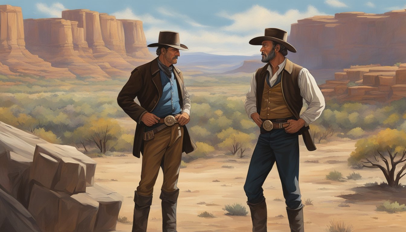 A dramatic showdown between two iconic Western heroes, with John Dutton standing tall in the rugged landscape, facing off against Little Bill Daggett in a tense and gritty confrontation