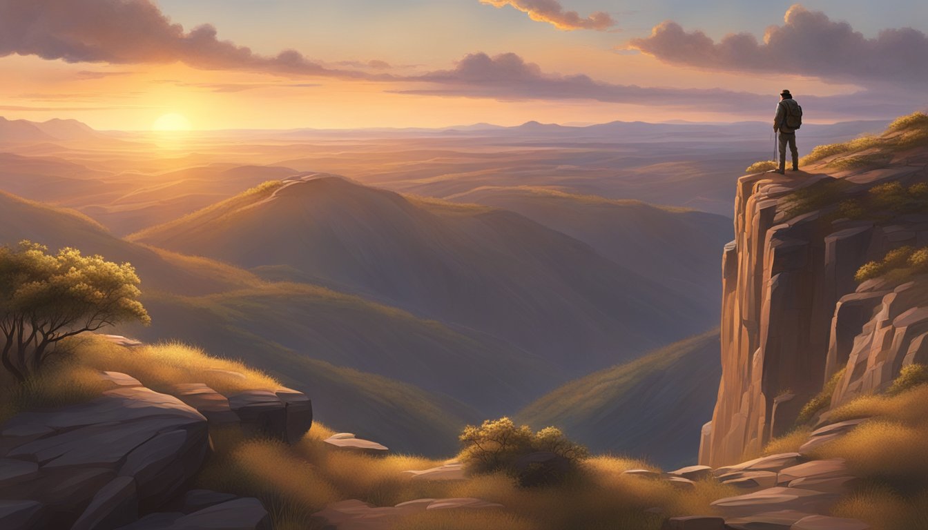 A lone figure stands atop a rugged cliff, surveying a vast, untamed landscape. The sun sets behind them, casting a warm glow over the rugged terrain