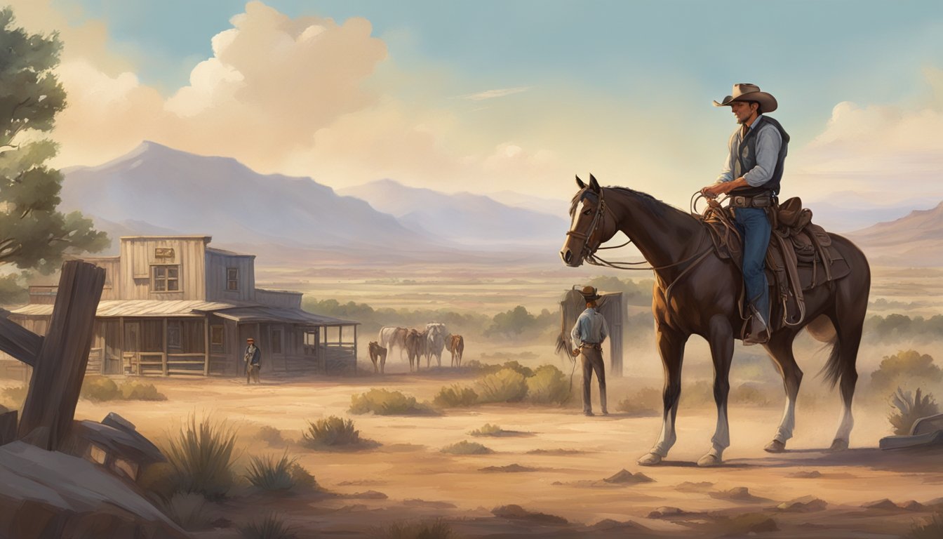 A rugged cowboy stands tall in front of a sprawling ranch, while another figure in a worn sheriff's uniform surveys a dusty western town