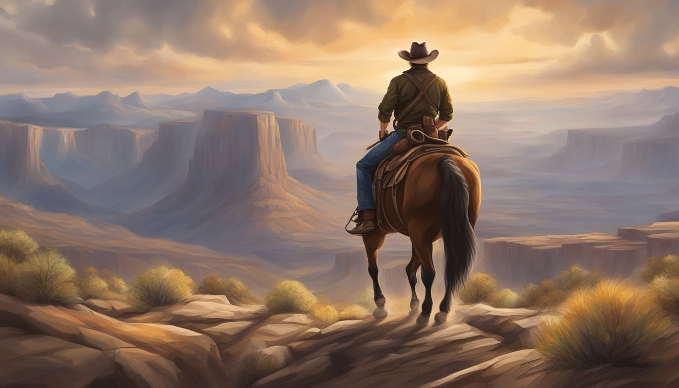 A rugged cowboy stands tall amidst a vast, untamed landscape, exuding strength and determination