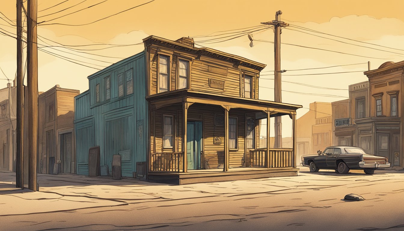 A dusty, sun-drenched street with a saloon on one side and a sheriff's office on the other. A lone figure stands in the middle, exuding authority and determination