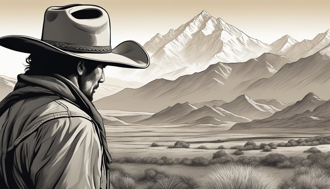 A lone cowboy surveys the vast, rugged landscape, with a majestic mountain range in the background. His weathered face reflects determination and strength