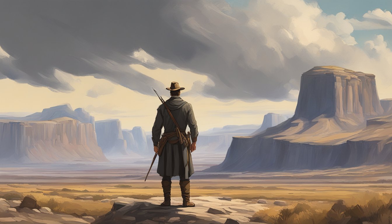 A lone figure stands tall in a rugged, untamed landscape, exuding a sense of power and authority. The setting is both majestic and unforgiving, mirroring the strength and resilience of the Western hero