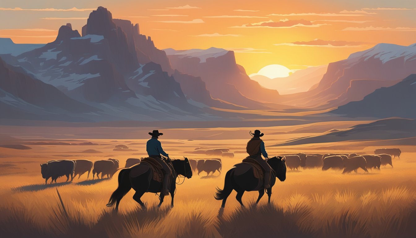 A lone cowboy rides through a vast, rugged landscape, with a dramatic sunset casting long shadows. A majestic herd of bison roams in the distance, symbolizing the enduring legacy of the Western hero