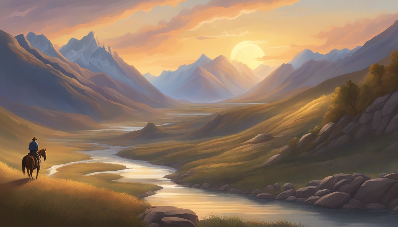 A lone figure on horseback surveys a vast, rugged landscape with towering mountains and a winding river. The sun sets behind them, casting a warm glow over the scene